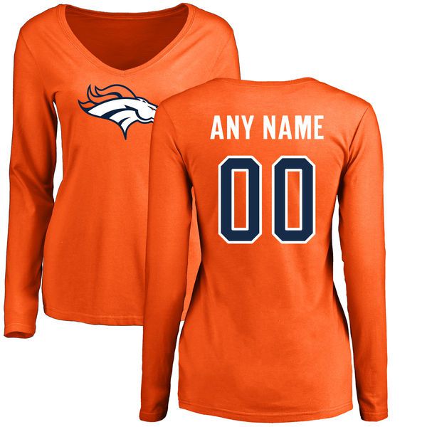 Women Denver Broncos NFL Pro Line Orange Custom Name and Number Logo Slim Fit Long Sleeve T-Shirt->nfl t-shirts->Sports Accessory